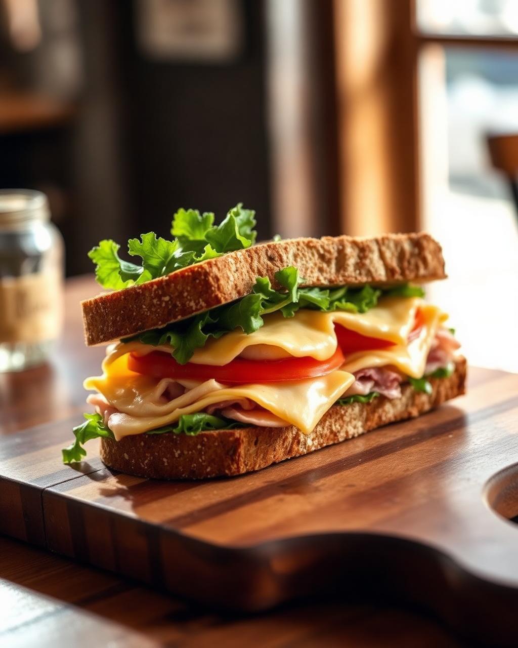 Stacked turkey and cheese sandwich on fresh sourdough